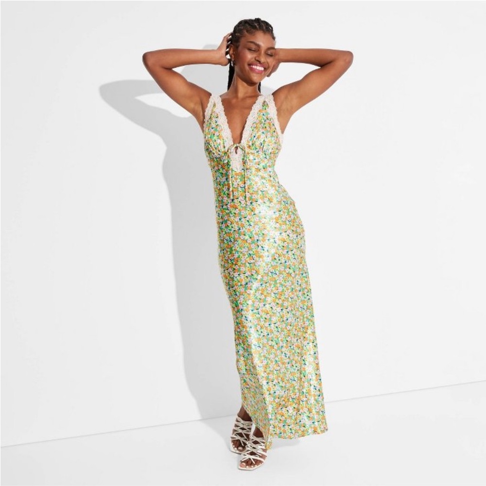 Women's Satin Lace Trim Midi Slip Dress - Wild Fable Floral XS